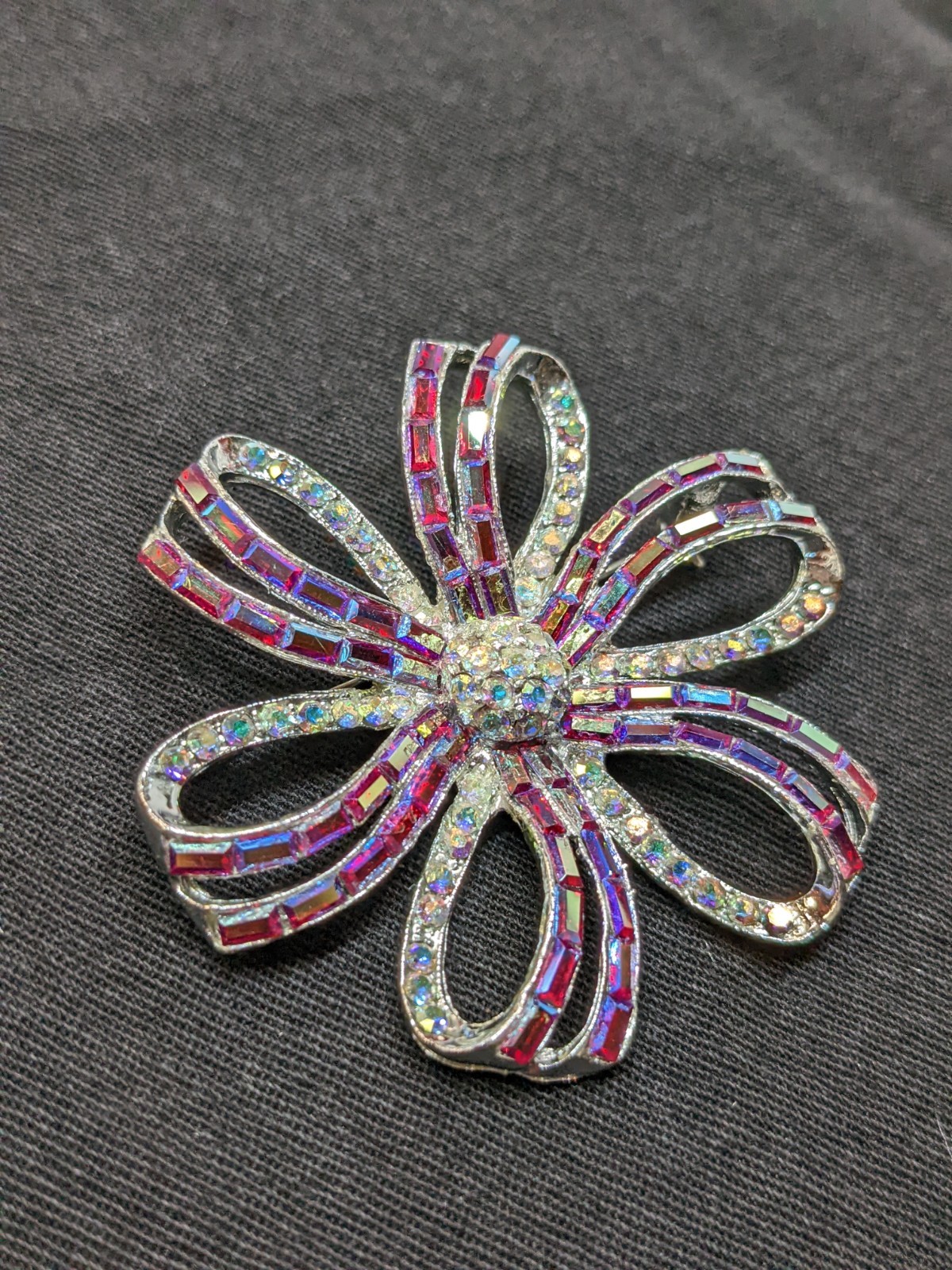 Vtg Flower Brooch Red Baguette Rhinestone AB Crystal Silver Tone Starburst Pin