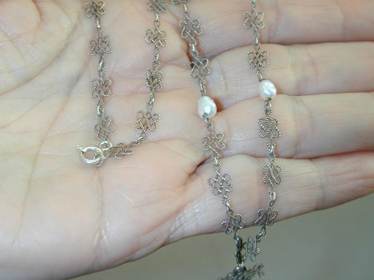 Delicate Sterling Celtic Knot Rope Link FW Pearl Lavalier Necklace 17 1/8