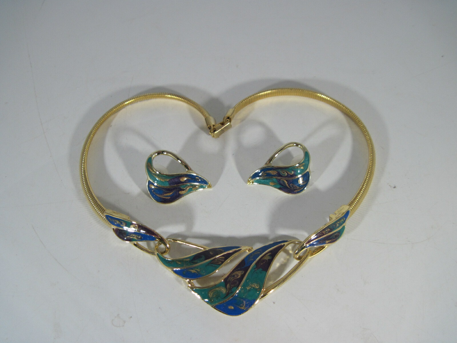 Vintage Choker Necklace With Teal, Blue and Purple Marbled Enamel With Ear Rings