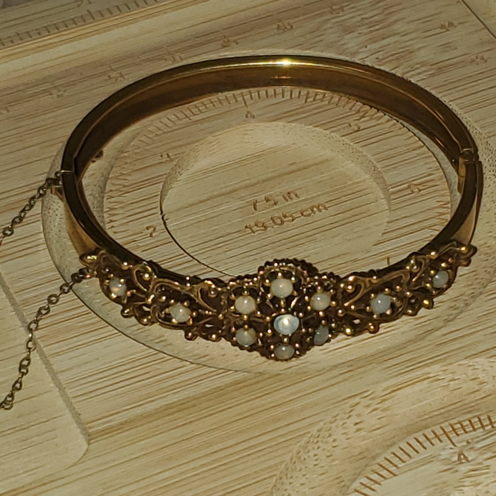 Victorian Revival Style Gold Tone Filigree Hinged Bangle Bracelet- 7.75″