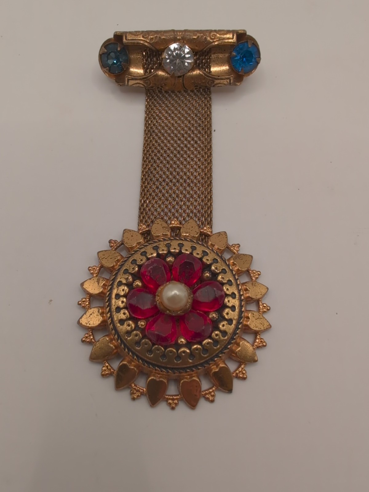 Antique Victorian Mesh & Rhinestone 2 Piece Brooch/ Pin Red White & Blue Hearts