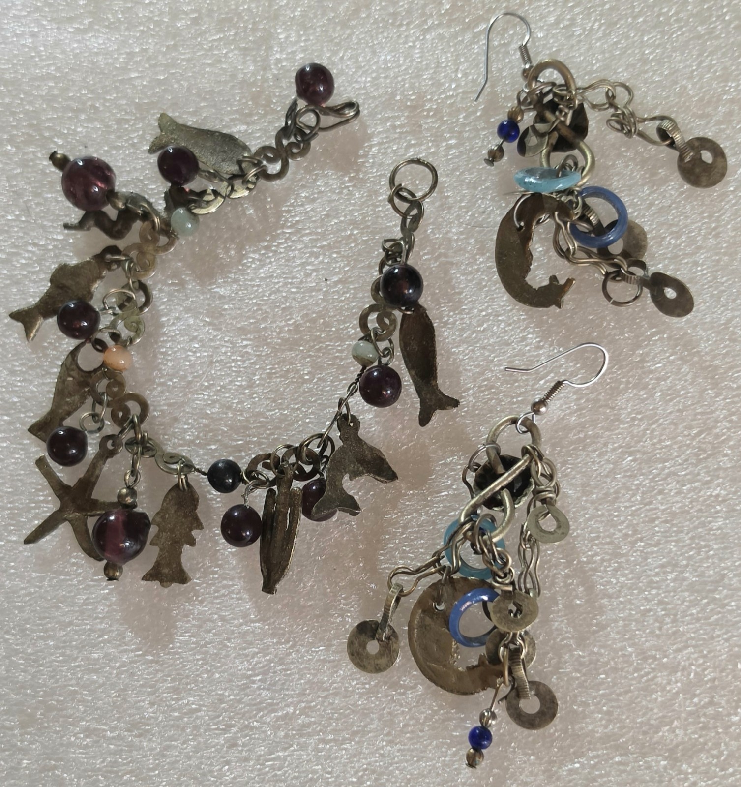 Vintage Folk Art Figural Charm Bracelet & Drop Dangle Pierced Earrings