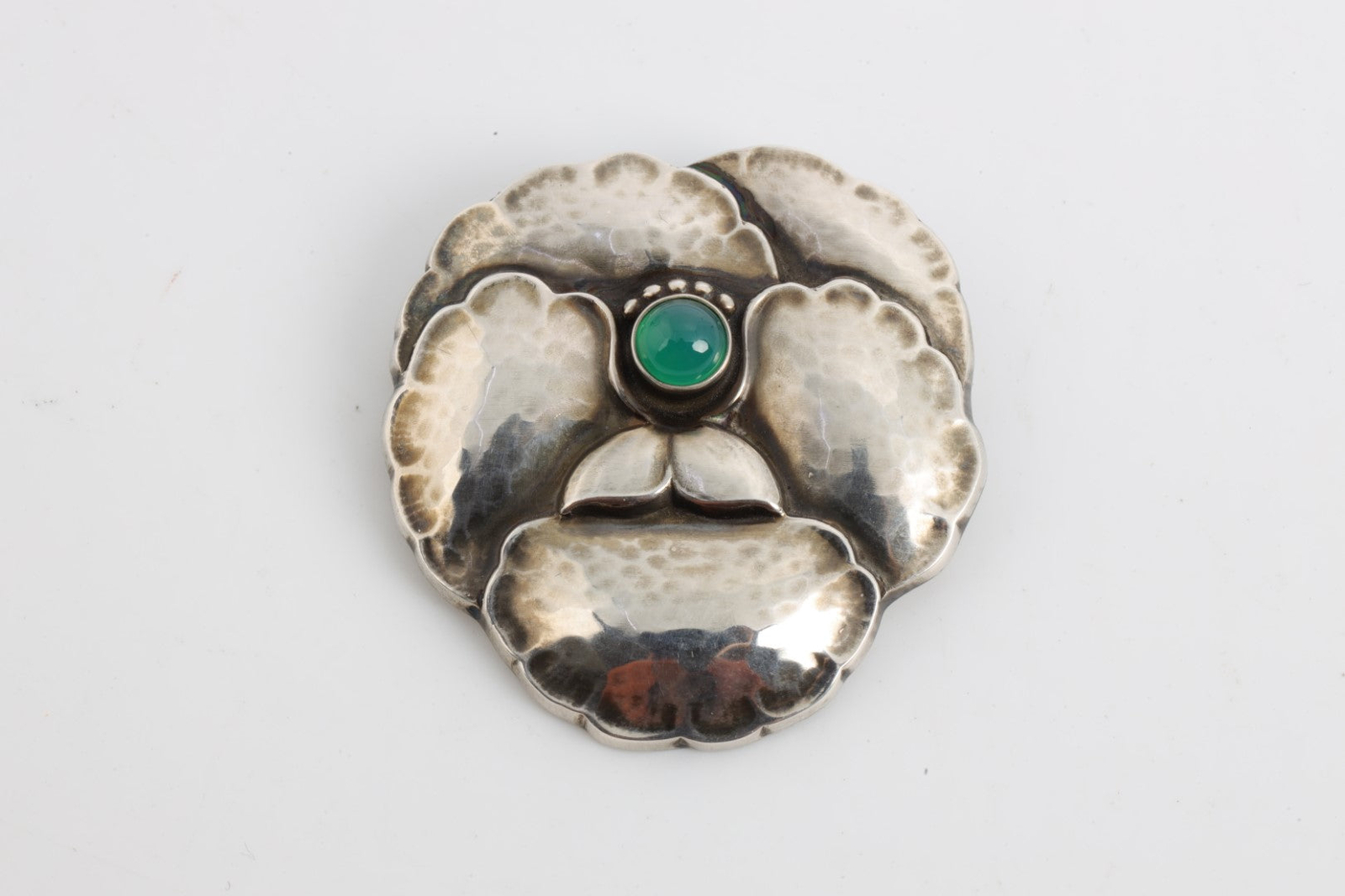 Georg Jensen 925 Silver Pansy Brooch with Green Accent Stone (14.03g.)