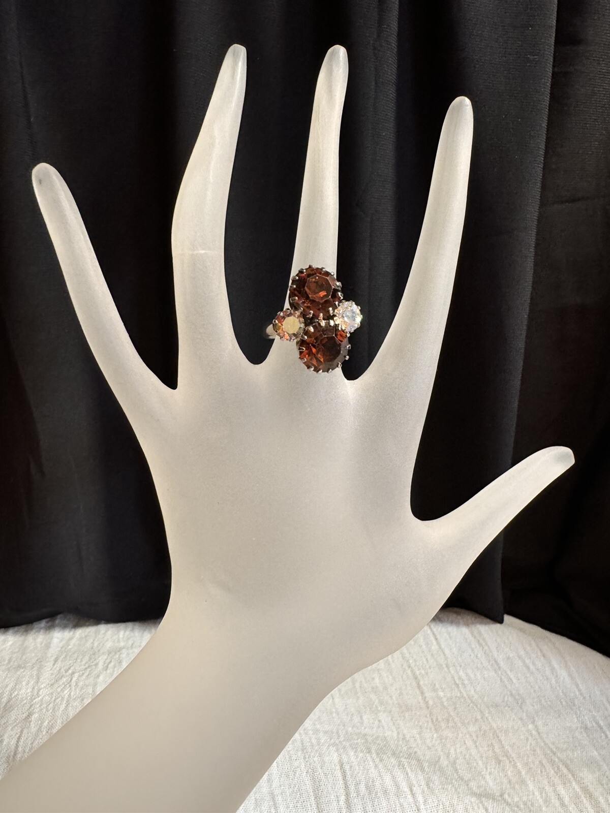 Vintage Cocktail Ring. 4 Rhinestones Topaz And Clear