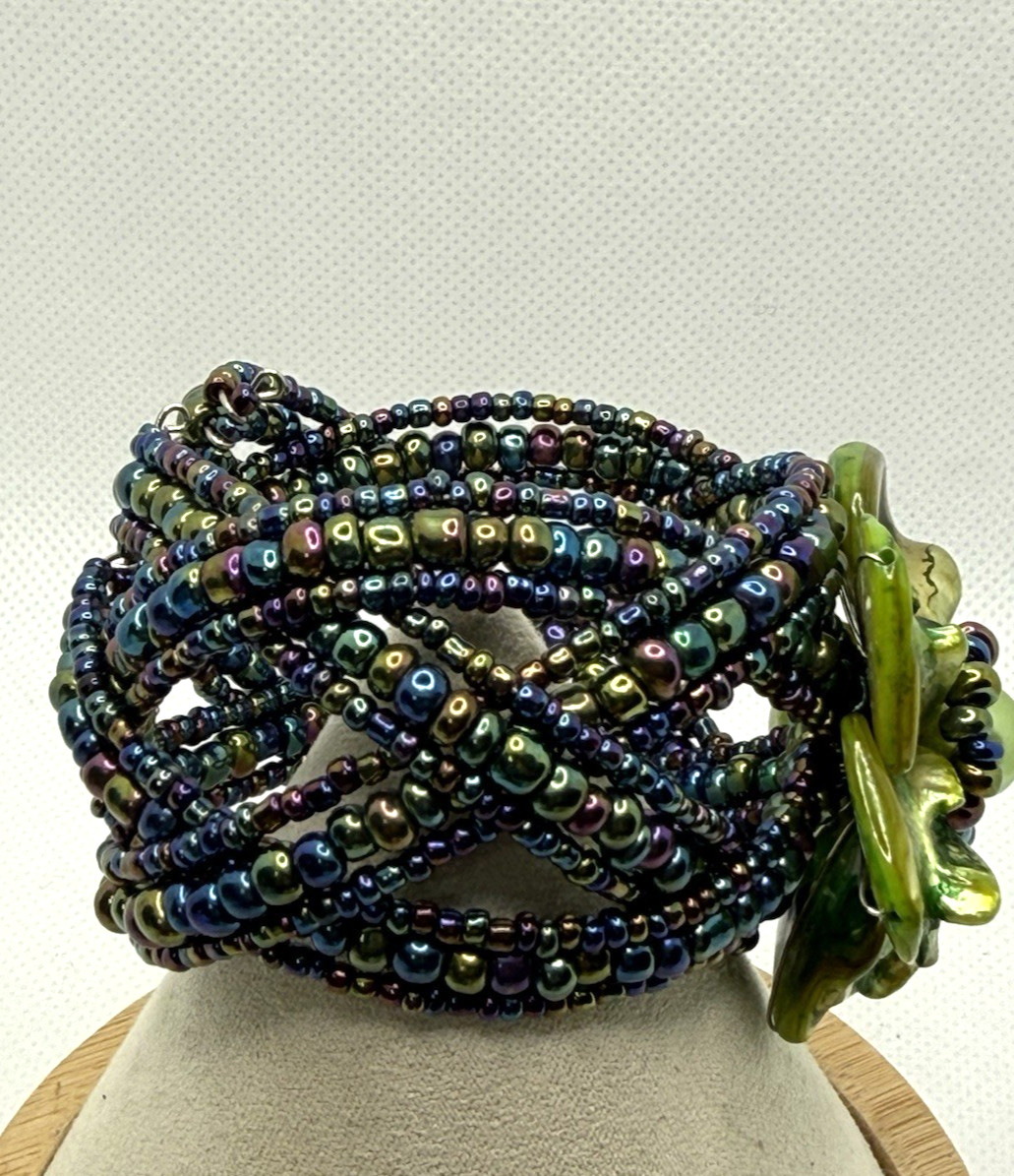 Vintage MOP Shell Flower Cuff Bracelet Iridescent Seed Bead Multi Strand Boho