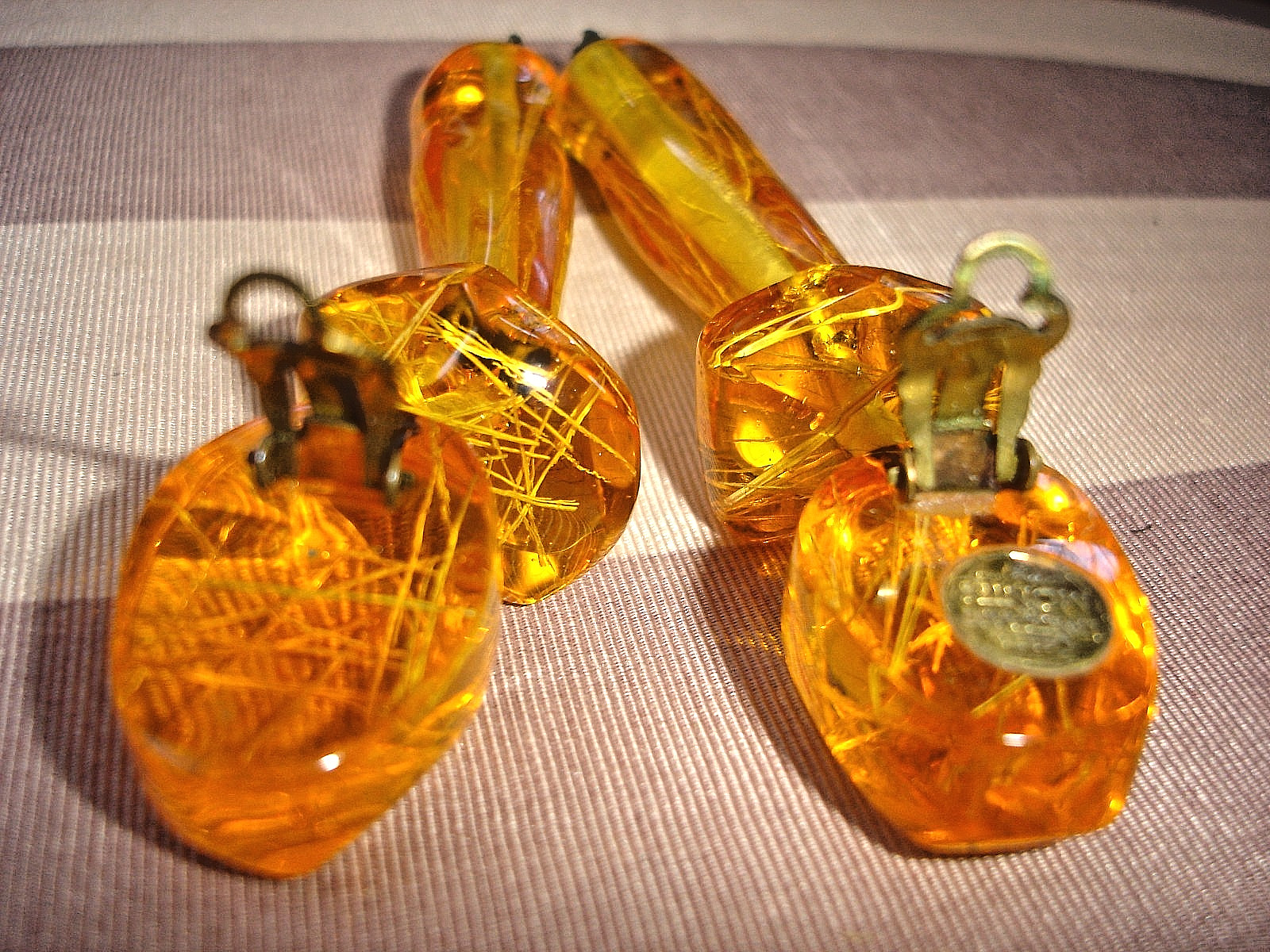 Vintage RARE Gerda Lynggaard Monies HUGE 4 Inch Amber Resin Dangly Clip Earrings
