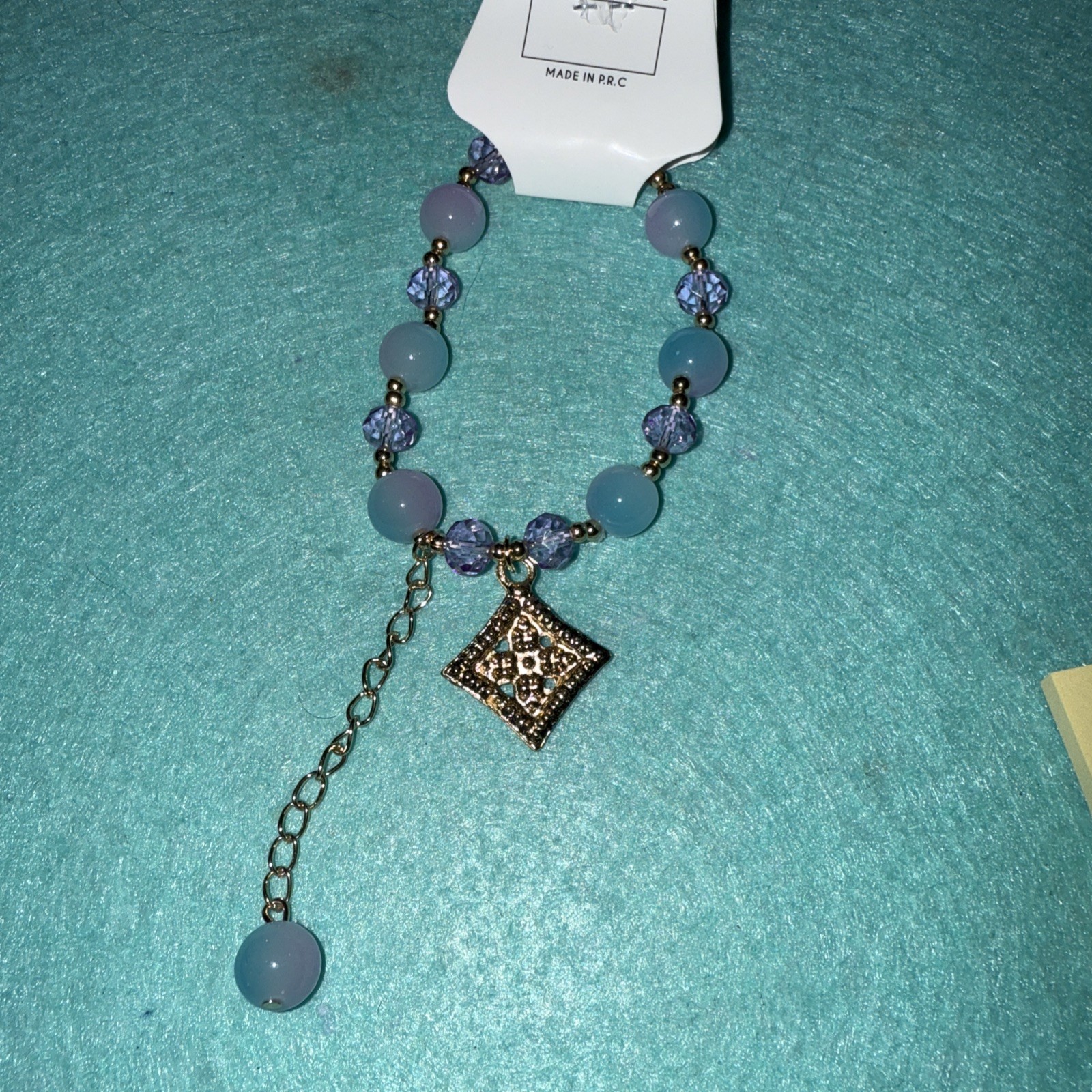 Expandable Marble Blue With Purple Swarovski With Dangling Rhinestone Clover