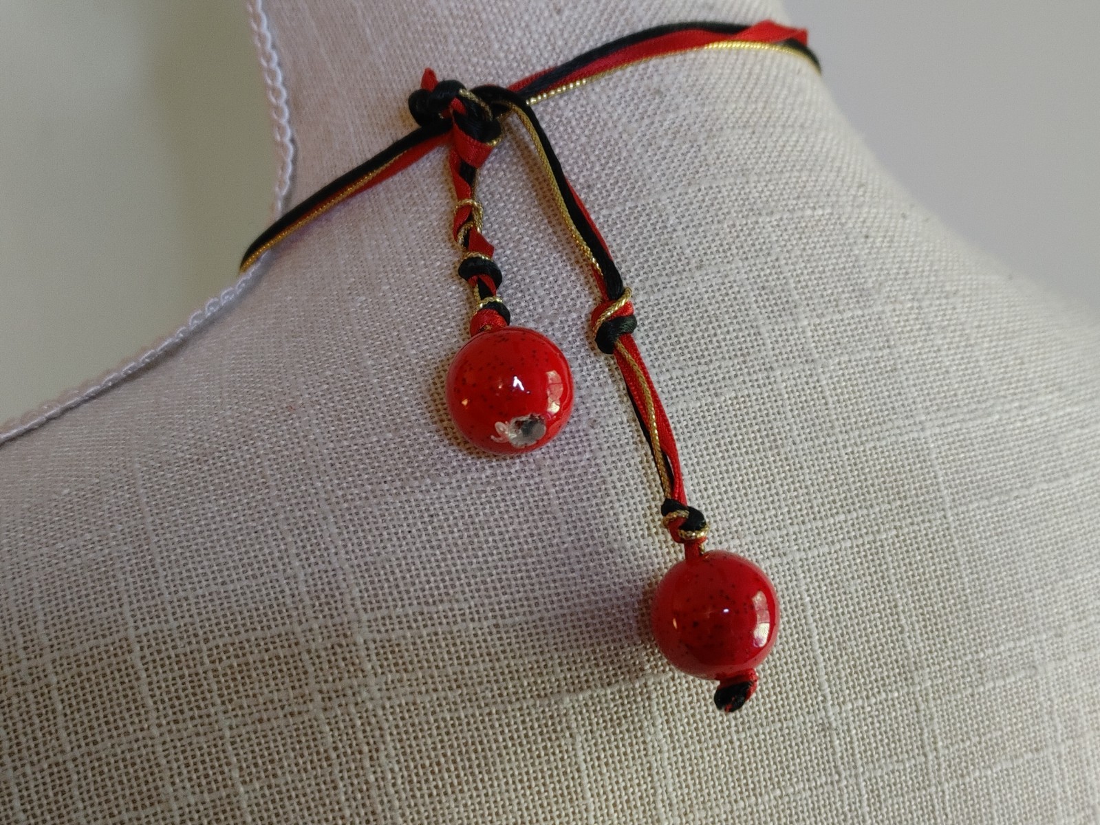 Vintage Y2K Red Enamel Poppy Necklace Ribbon Tie Back Wearable Artsy Statement