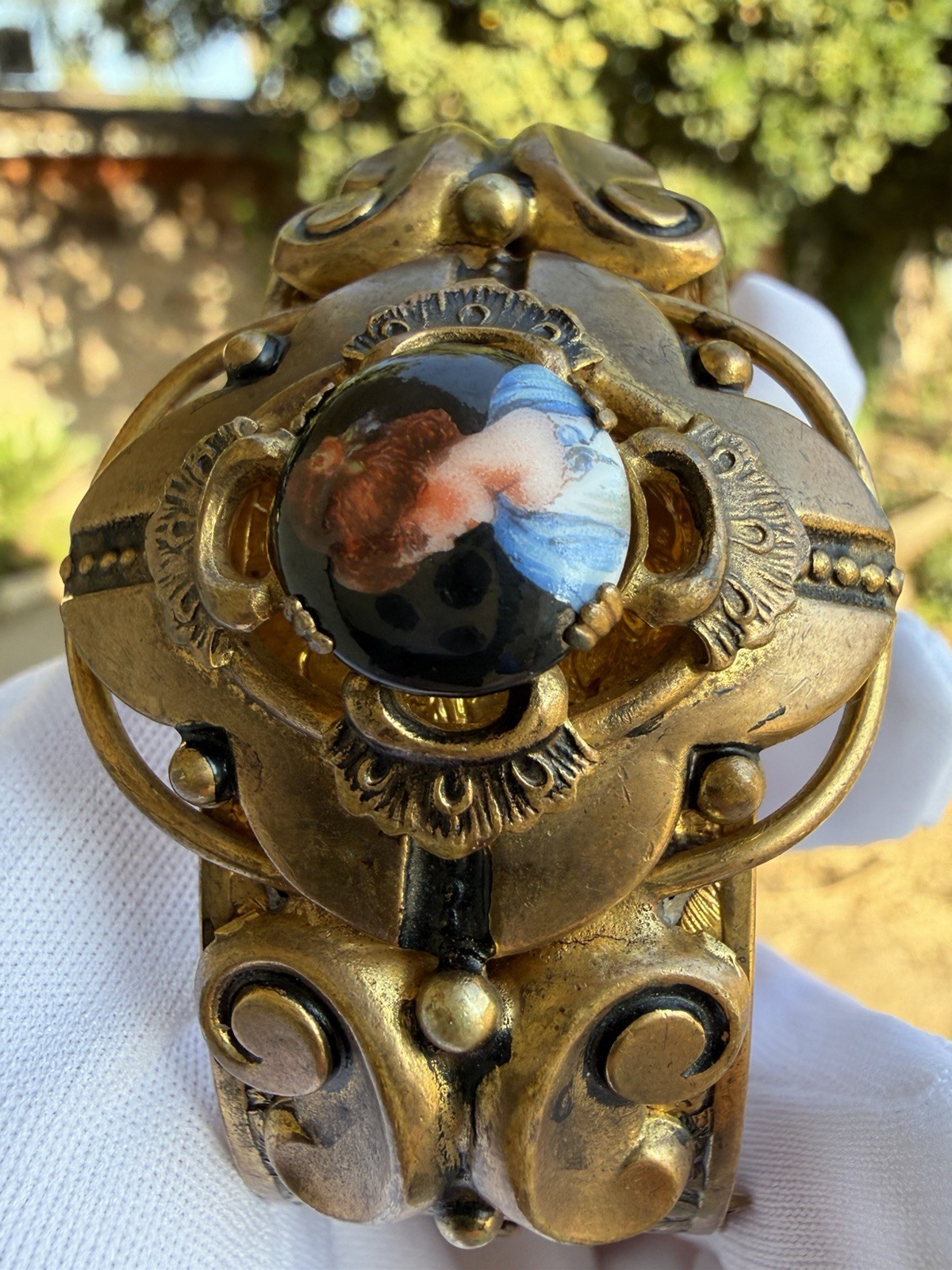 Antique Victorian Porcelain Miniature Portrait Bangle Cuff Bracelet C. 1900