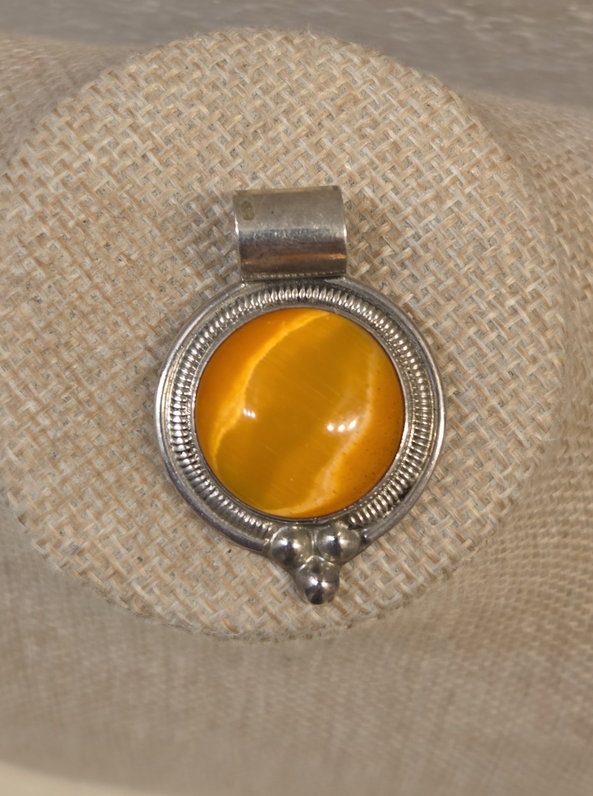 Vintage Domed Sterling Silver & Orange Cat’s Eye Pendant Mexico 925