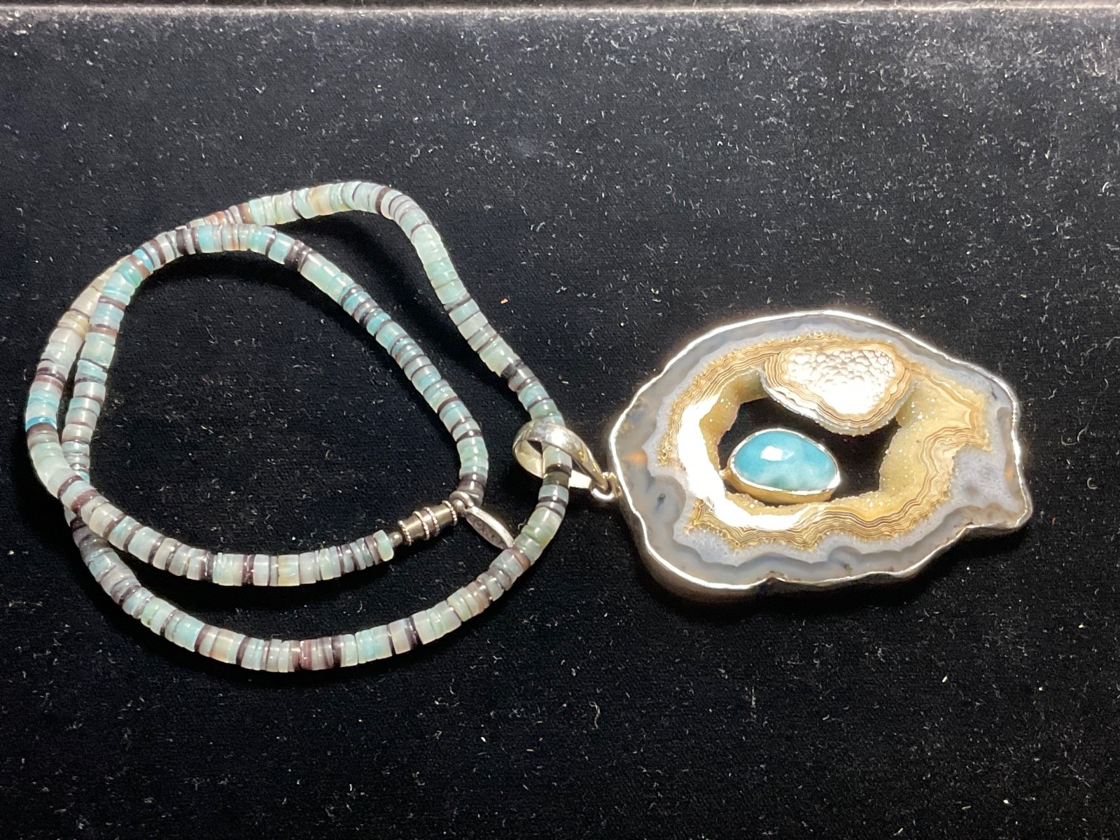 Unique Retro Large Sterling Silver Geode Slice Pendant Necklace