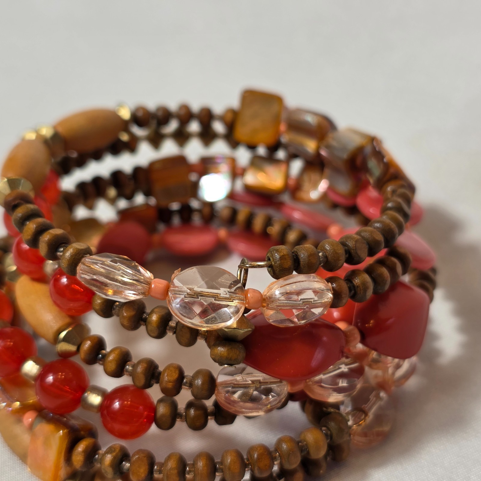Bohemian-Style Multi-Strand Wrap Bracelet Warm Earthy Tones Wood & Glass Beads