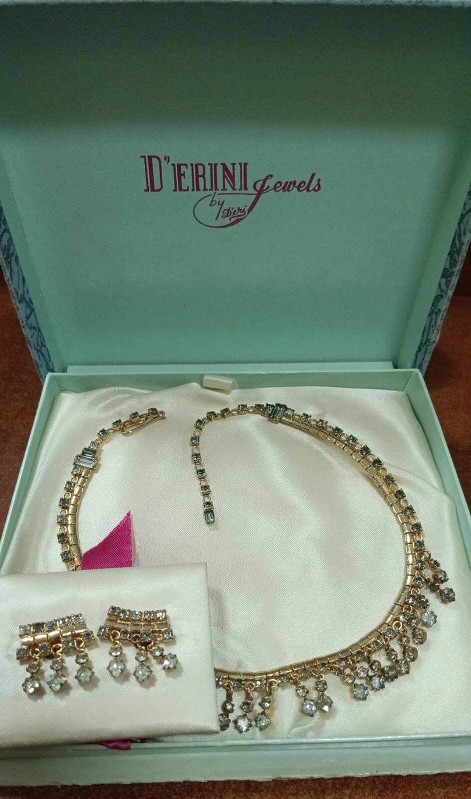 D’ERINI JEWELS Gold Tone Very Light Blue Rhinestone Choker Necklace Earrings