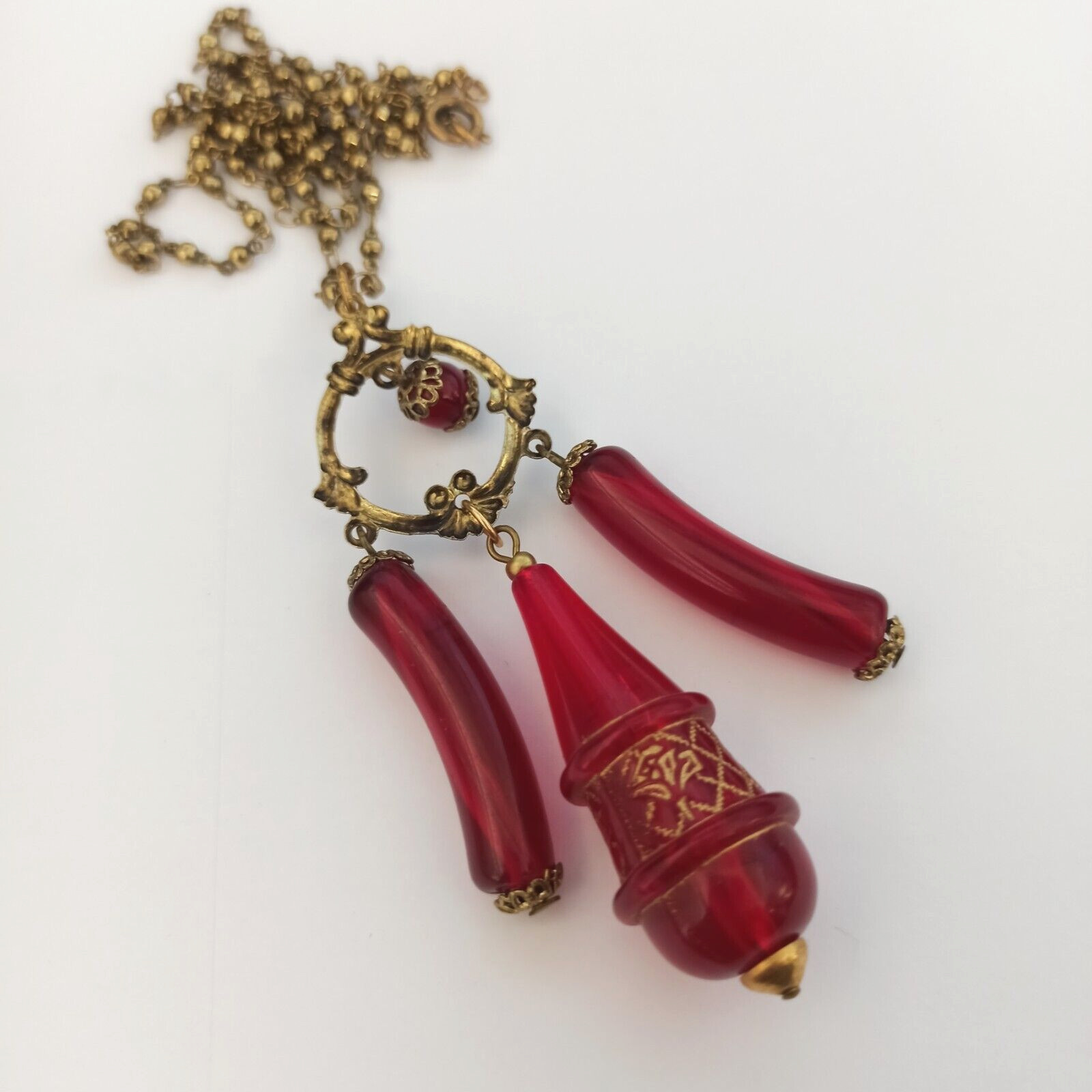 Vintage Red Necklace Rosary Beaded Tassel Long Lucite Art Deco Revival 23″ Boho