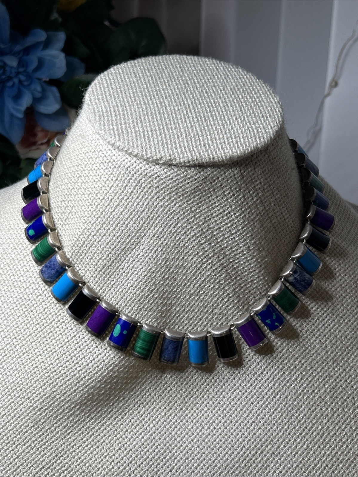 53. Vintage 925 Sterling Inlaid Multi Stone Link Collar Necklace 16″, 57.7g, Mex