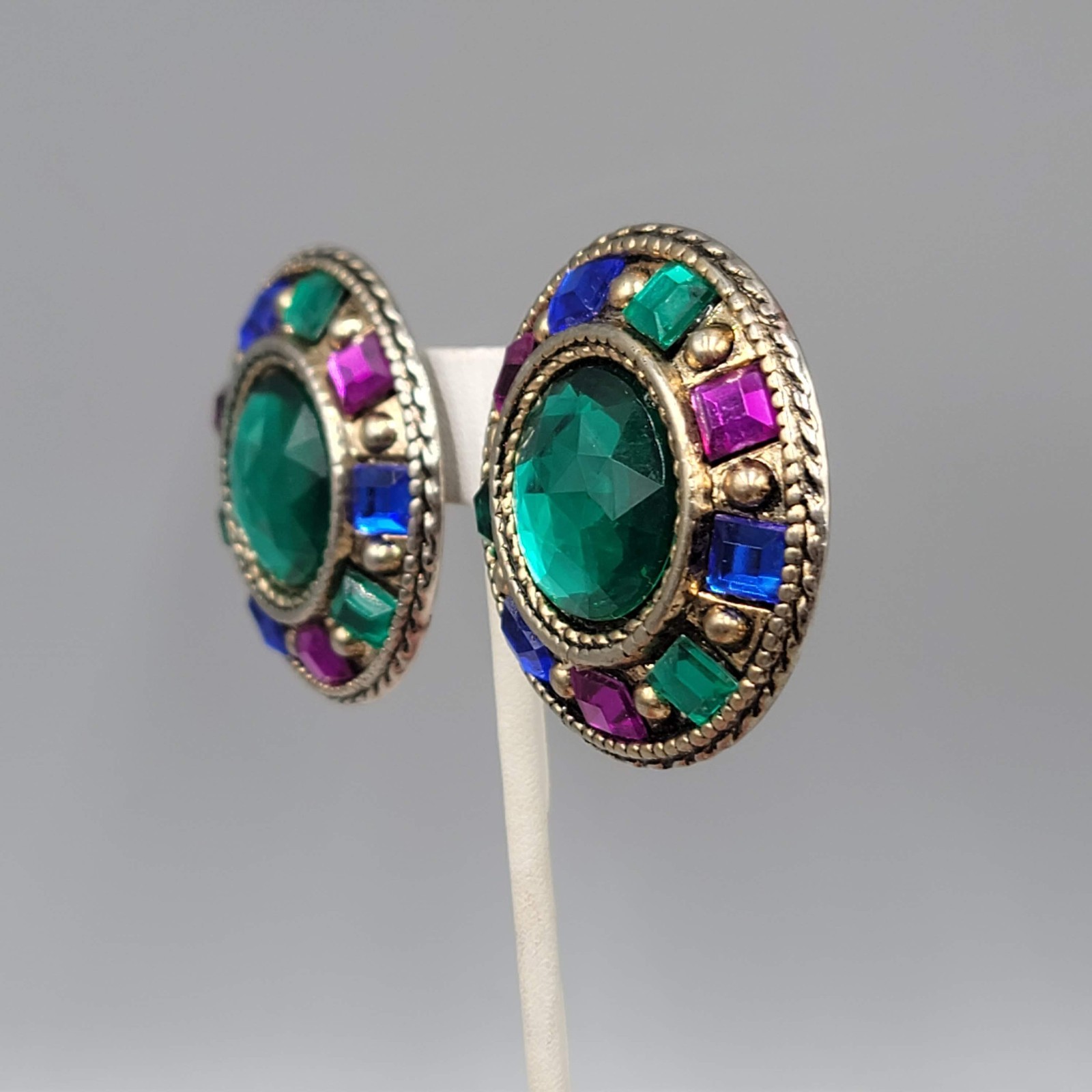 Vintage Large Green Purple Blue Clip on Earrings Silver tone 1.5″
