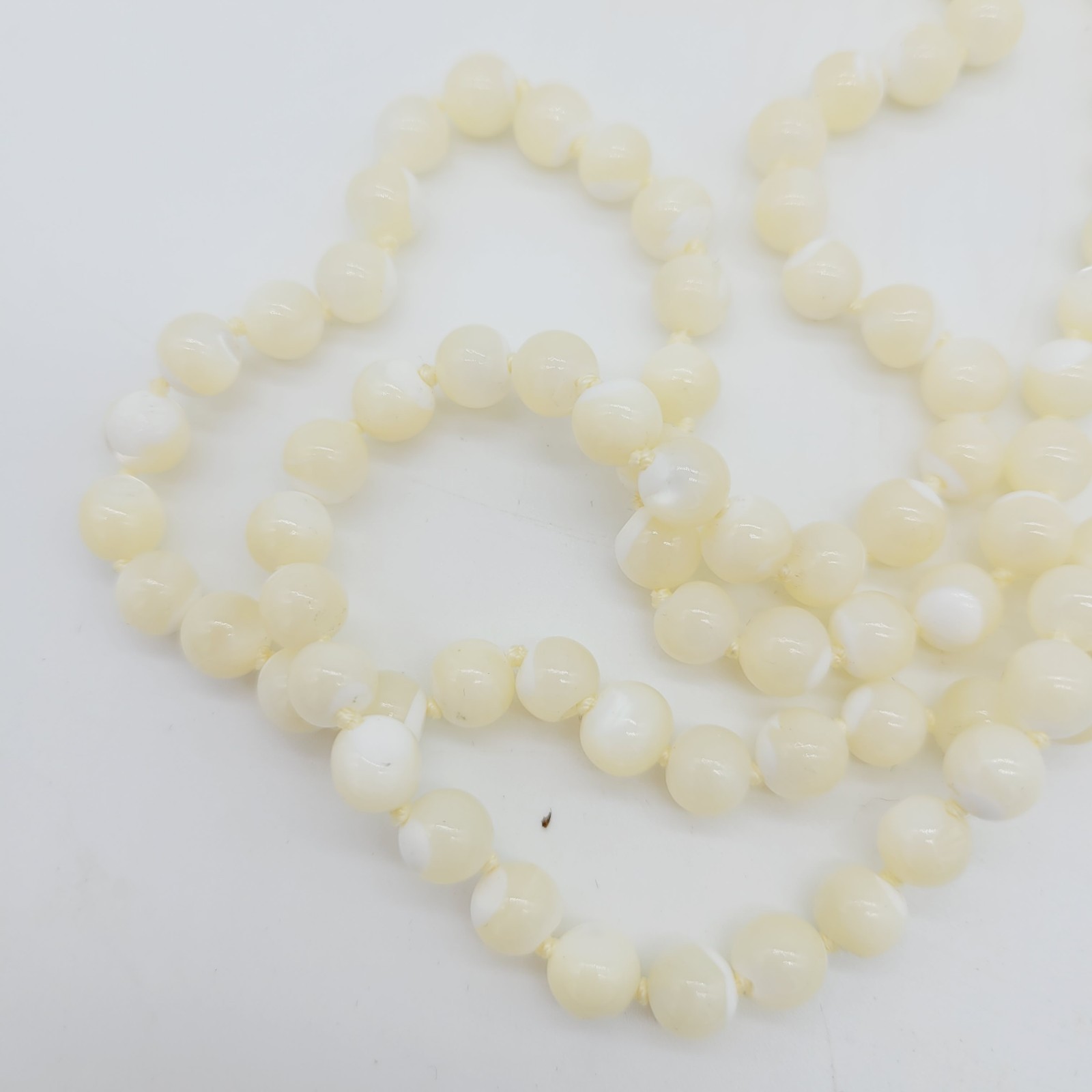 Vtg Monet Mother Of Pearl Beaded Necklace Hand Knotted 36″ 1970’s Sister Clasp