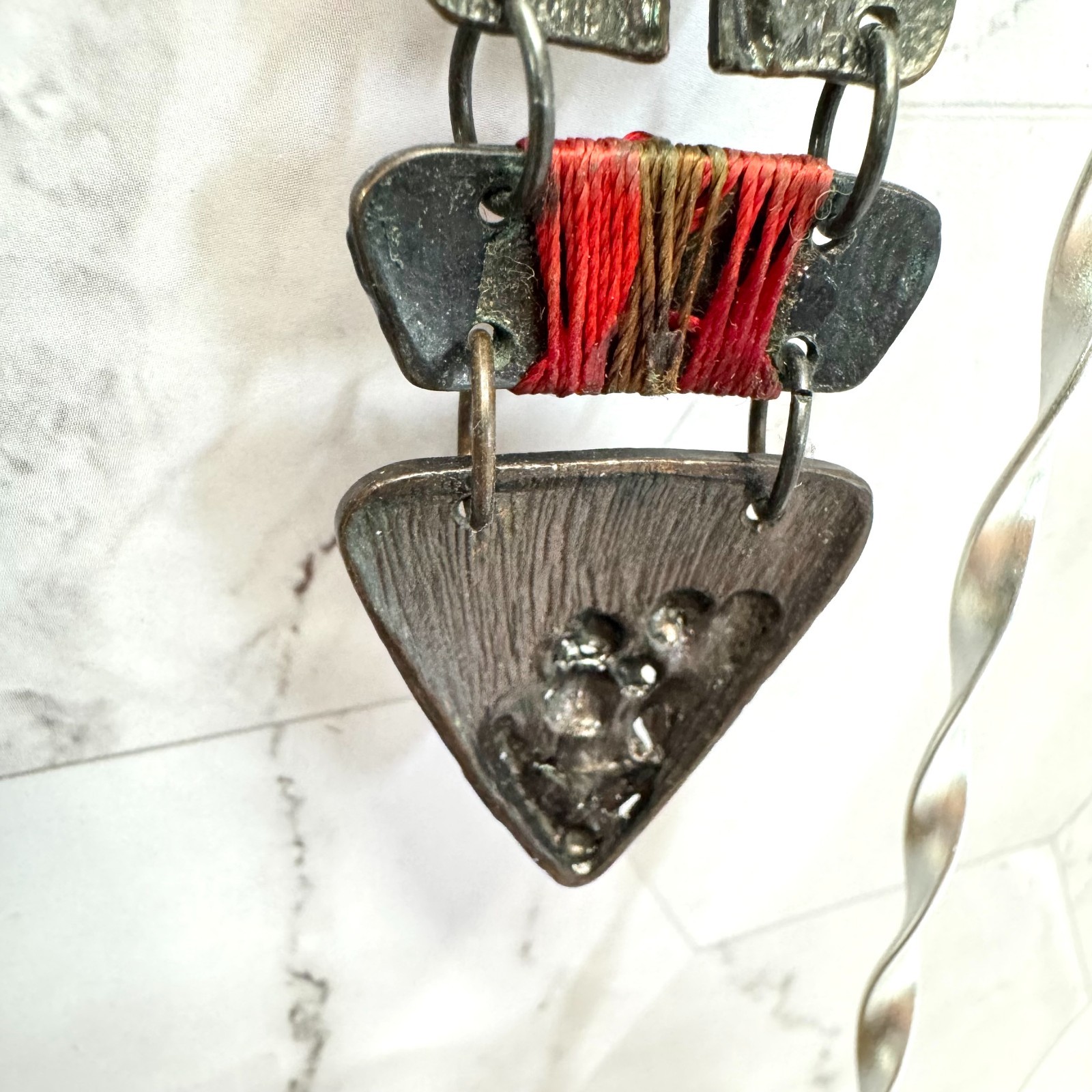 Vintage Brutalist Earrings Dangle Mixed Metal Material Rhinestone Gunmetal Tone