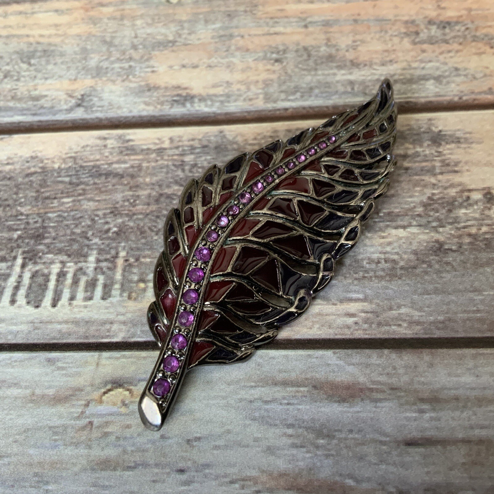 Gunmetal pink purple rhinestone enamel feather leaf brooch