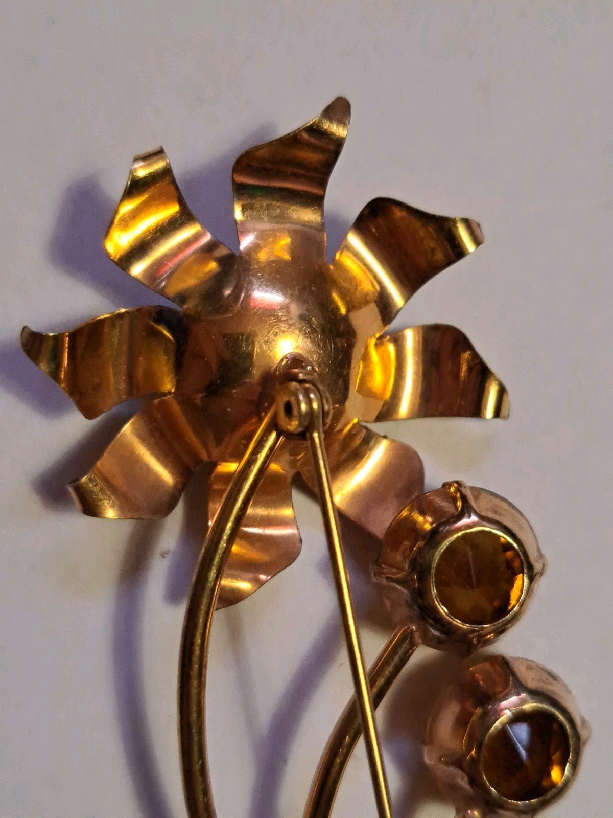 Huge 4″ Sterling Silver Gold Wash Flower Brooch Pin Amber Citrine Glass 16 Grams
