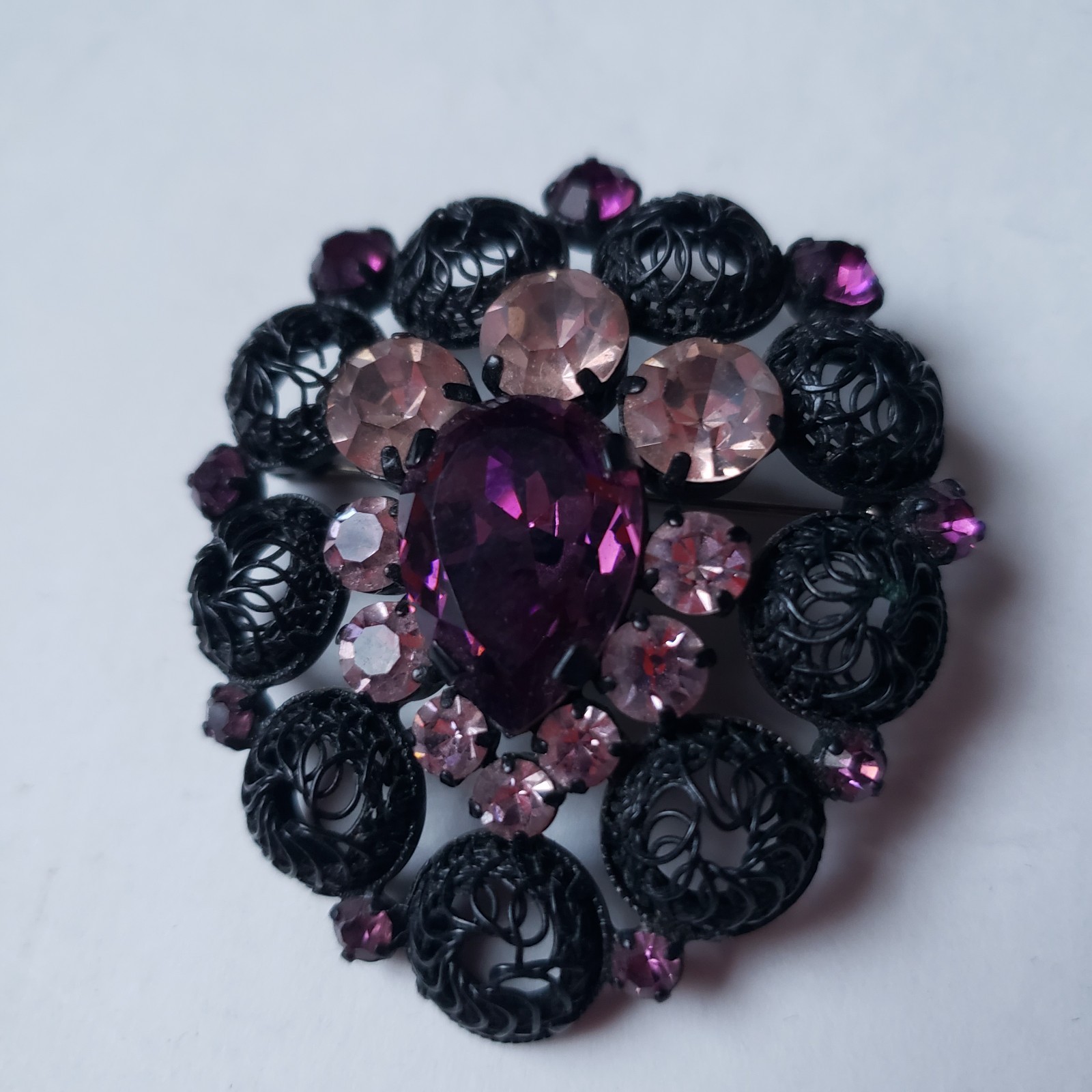 Vtg Filigree Brooch Purple Teardrop Stone Pink Mid-Century Japanned Gunmetal