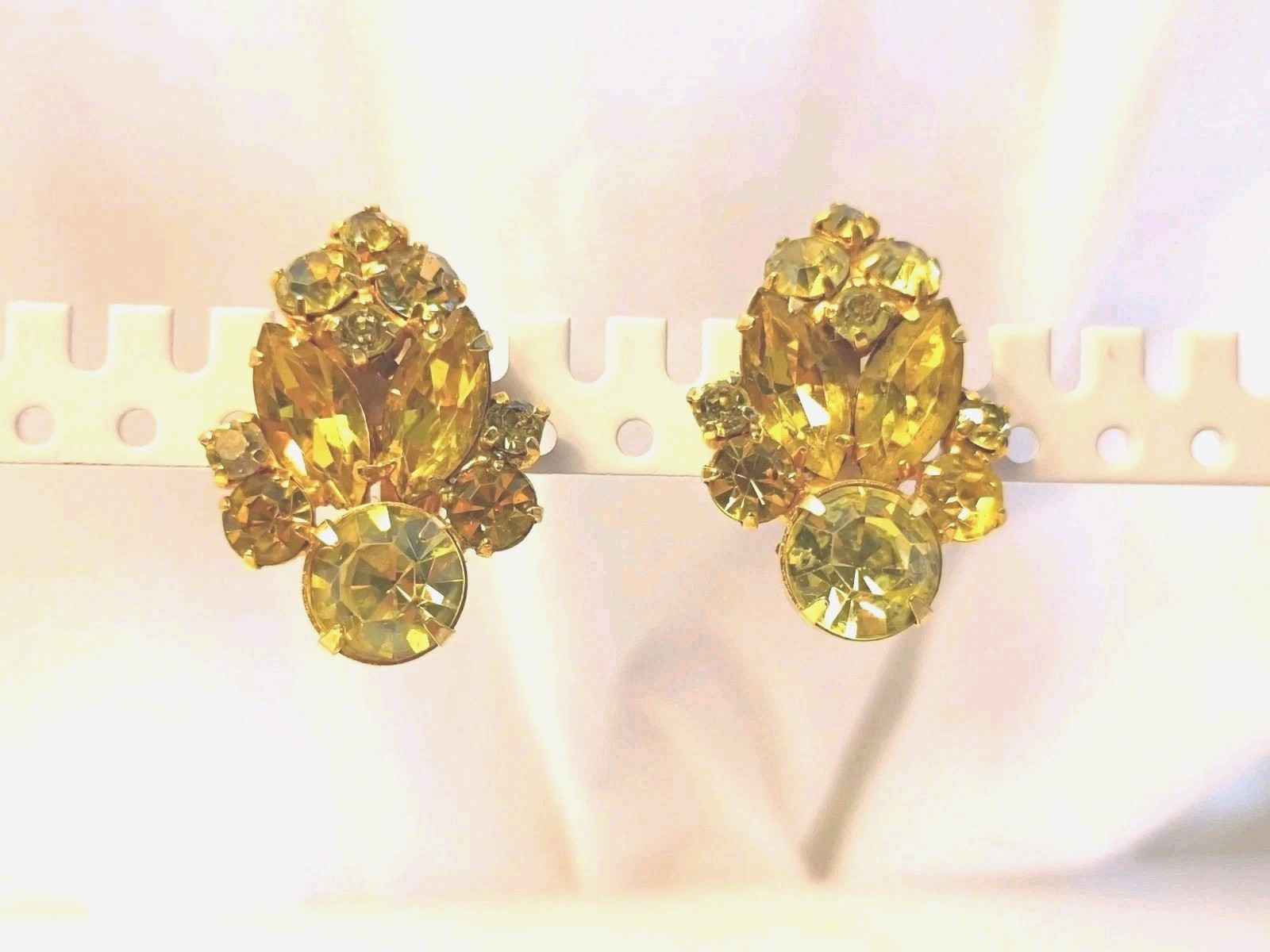 La Roco Rhinestone Vintage Clip Earrings Yellow w Gold Filled Metal