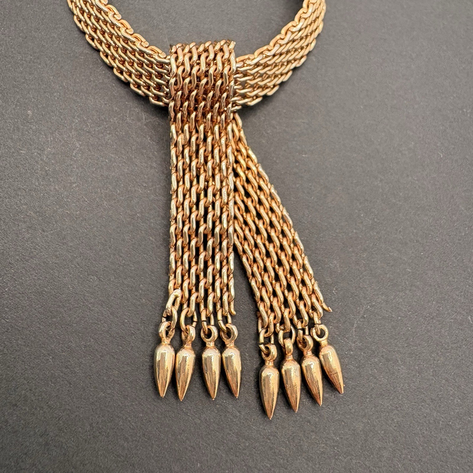 Vintage Woven Gold Tone Mesh Tie Collar Choker Necklace Tassel Drop Spike Fringe