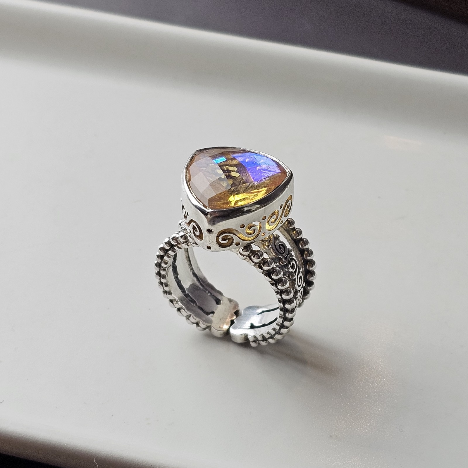 Sajen 925 Sterling Silve Rainbow Champagne Quartz Ornate Ring Size 10 – 15.36 g