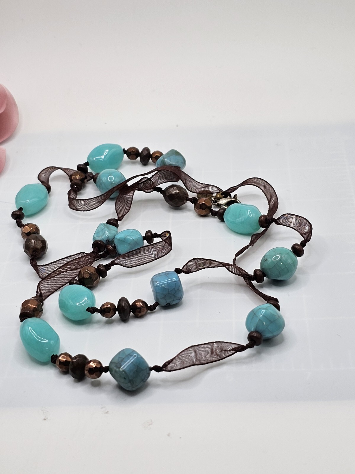 Vtg Cookie Lee Necklace Brown Ribbon Faceted Beads Blue Simulated Stone Bead 37″