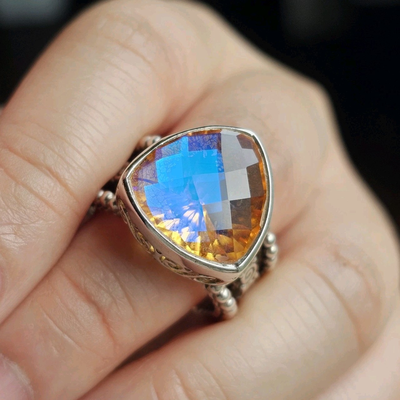Sajen 925 Sterling Silve Rainbow Champagne Quartz Ornate Ring Size 10 – 15.36 g
