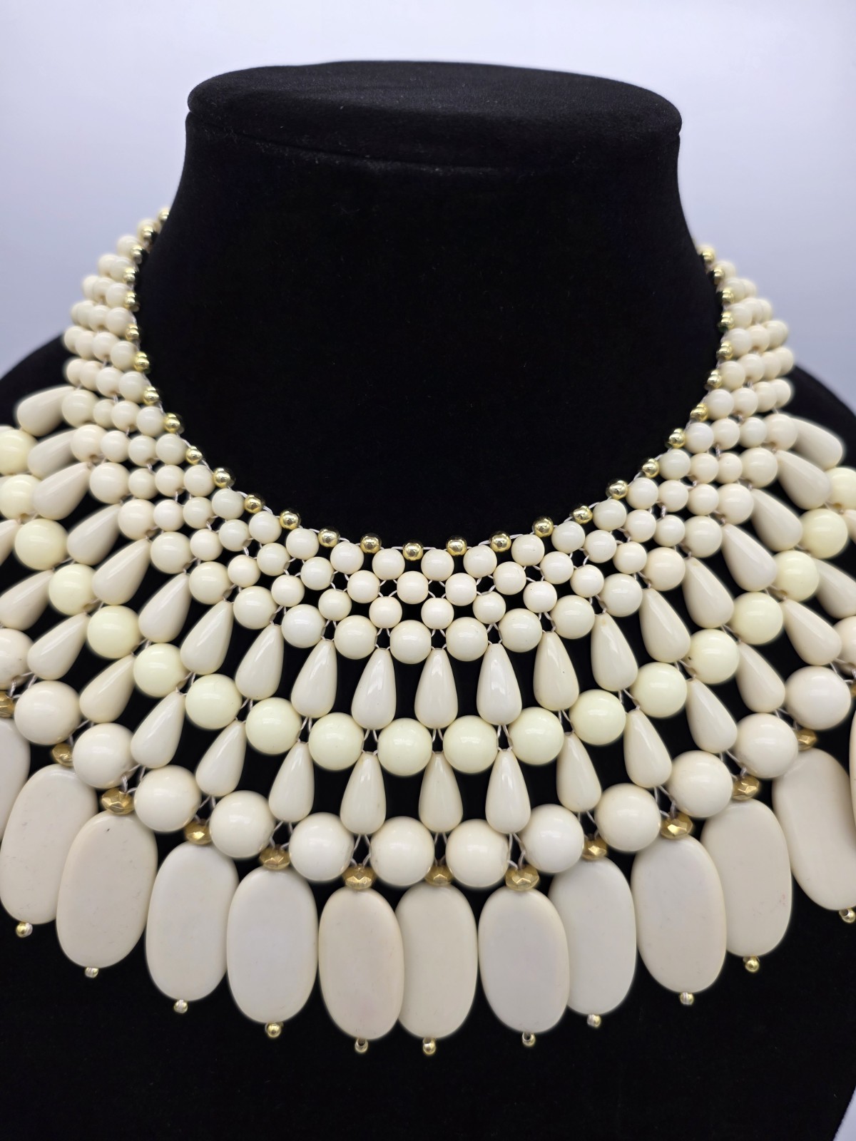 Vintage Style Cream Beaded Statement Bib Necklace | Tiered Choker | Boho Wedding