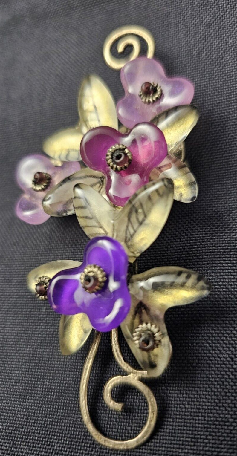 Vintage Lucite Brooch Floral Purple Pink & White Bouquet w Silver Tone Metal 3″
