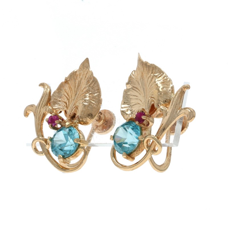 Yellow Gold Blue Zircon Ruby Retro Leaf Stud Earrings 14k Rd 1.94ctw Non-Pierced