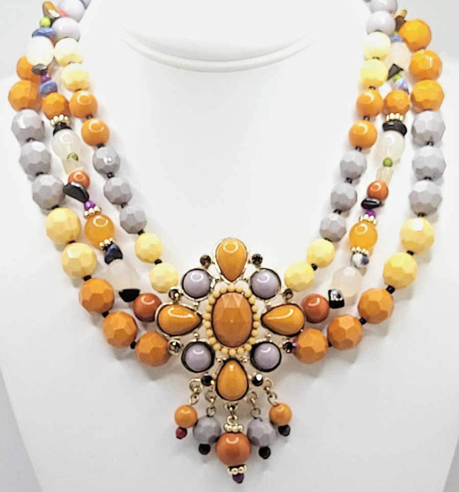 NENA Statement Natural & Acrylic Stone Choker Layered Faceted Beads & Pendant