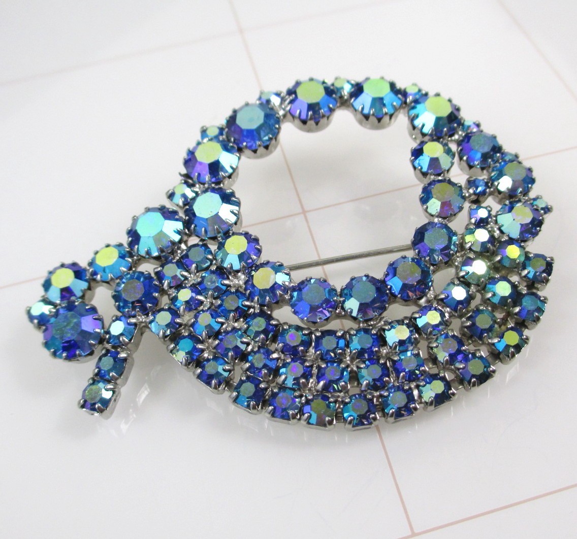 Vintage Large AB Rhinestone Brooch Blue Aurora Borealis Mid Century Statement