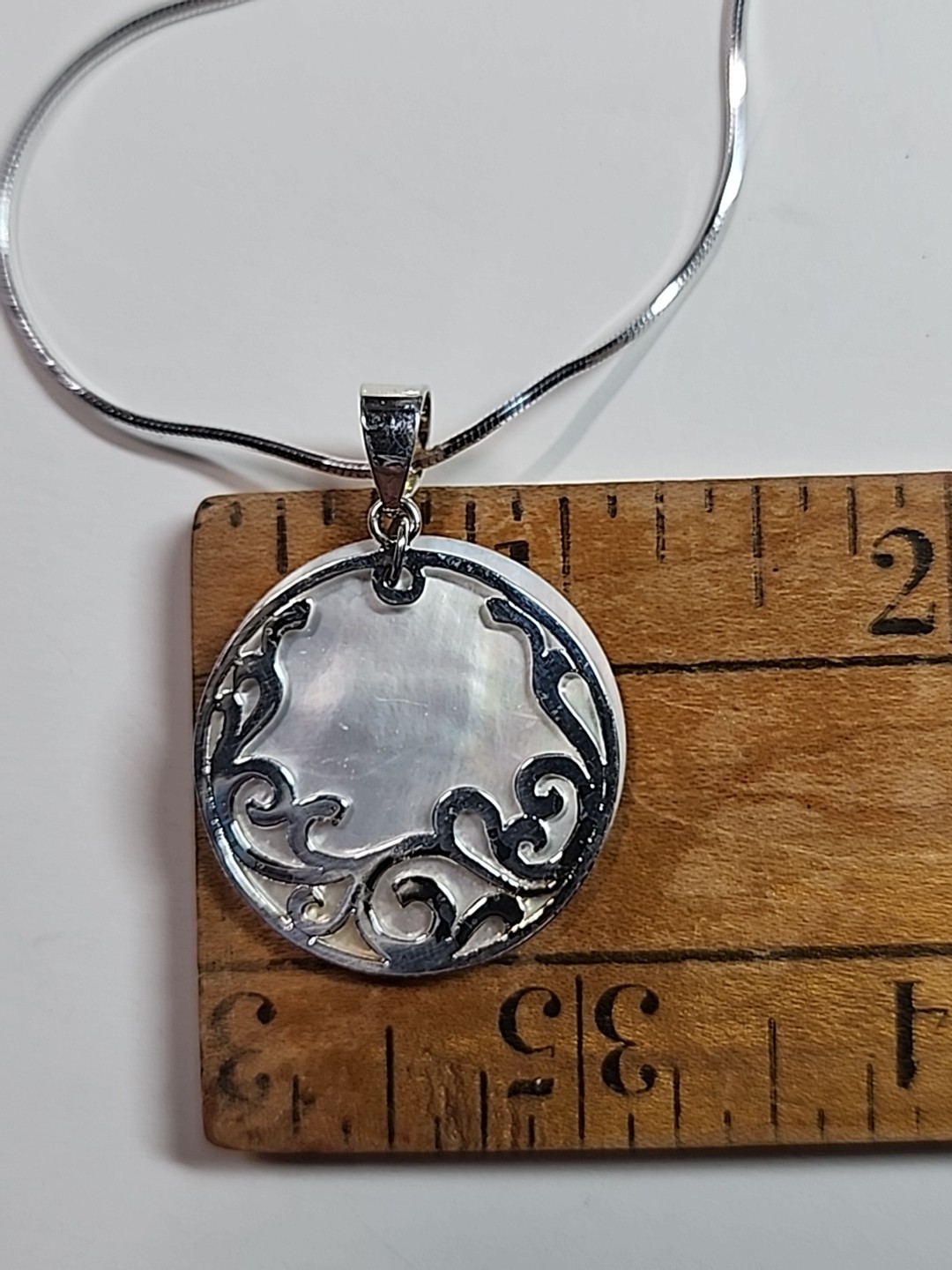 SX 925 Silver Sally C HSN Open Scroll Work MOP Medallion Pendant 16″ Necklace