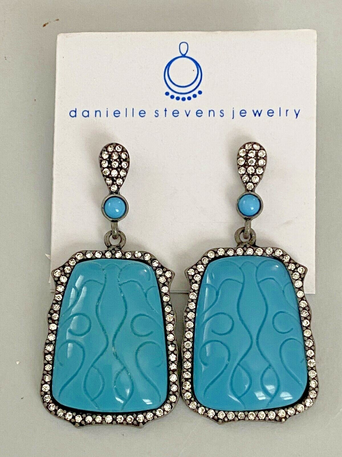 New Danielle Stevens Rhinestone Molded Turquoise Drop Dangle Post Earrings