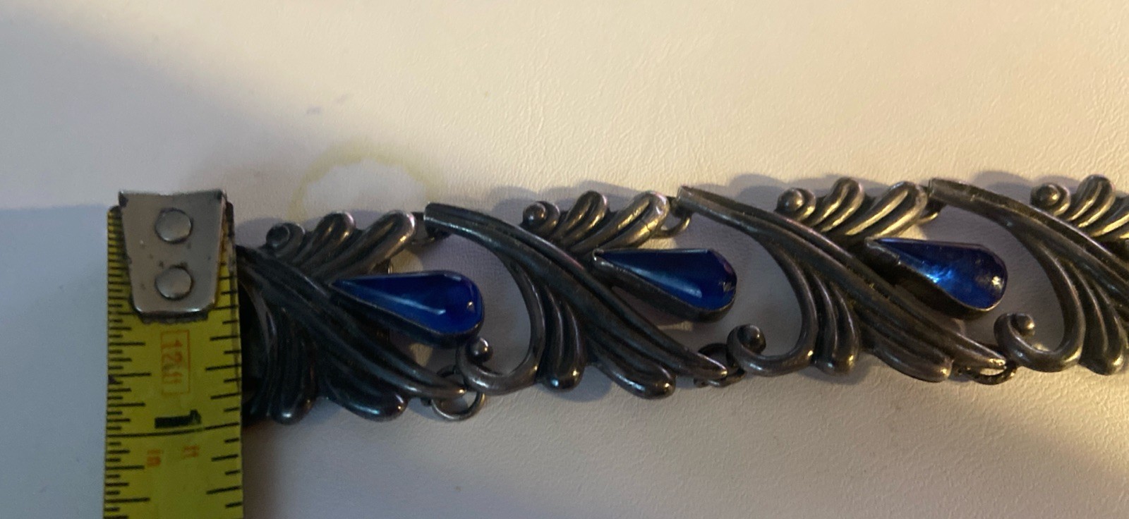 VTG Los Castillo Taxco Mexican Sterling Blue Cabochon Glass Floral Bracelet 7″