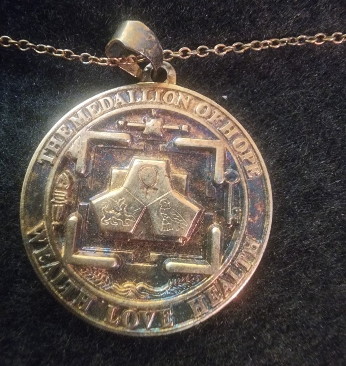 Vintage The Medallion of Hope Wealth Love Health Sterling Gold Wash Necklace