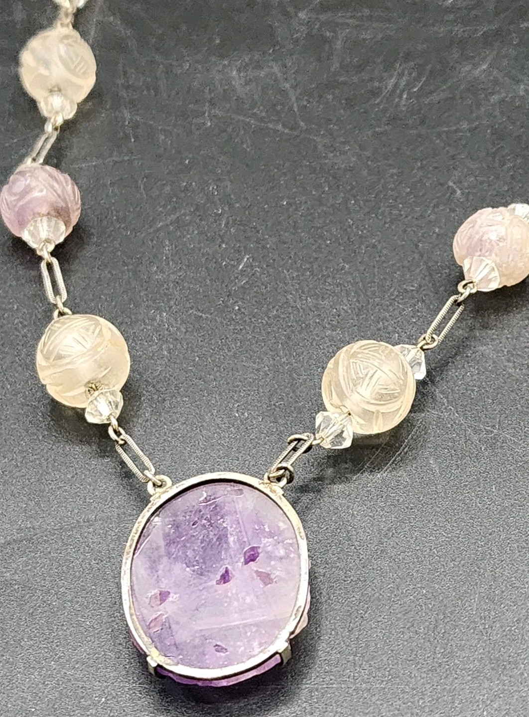 Antique Art Deco Chinese Carved Purple Amethyst Bead Necklace w/Carved Pendant