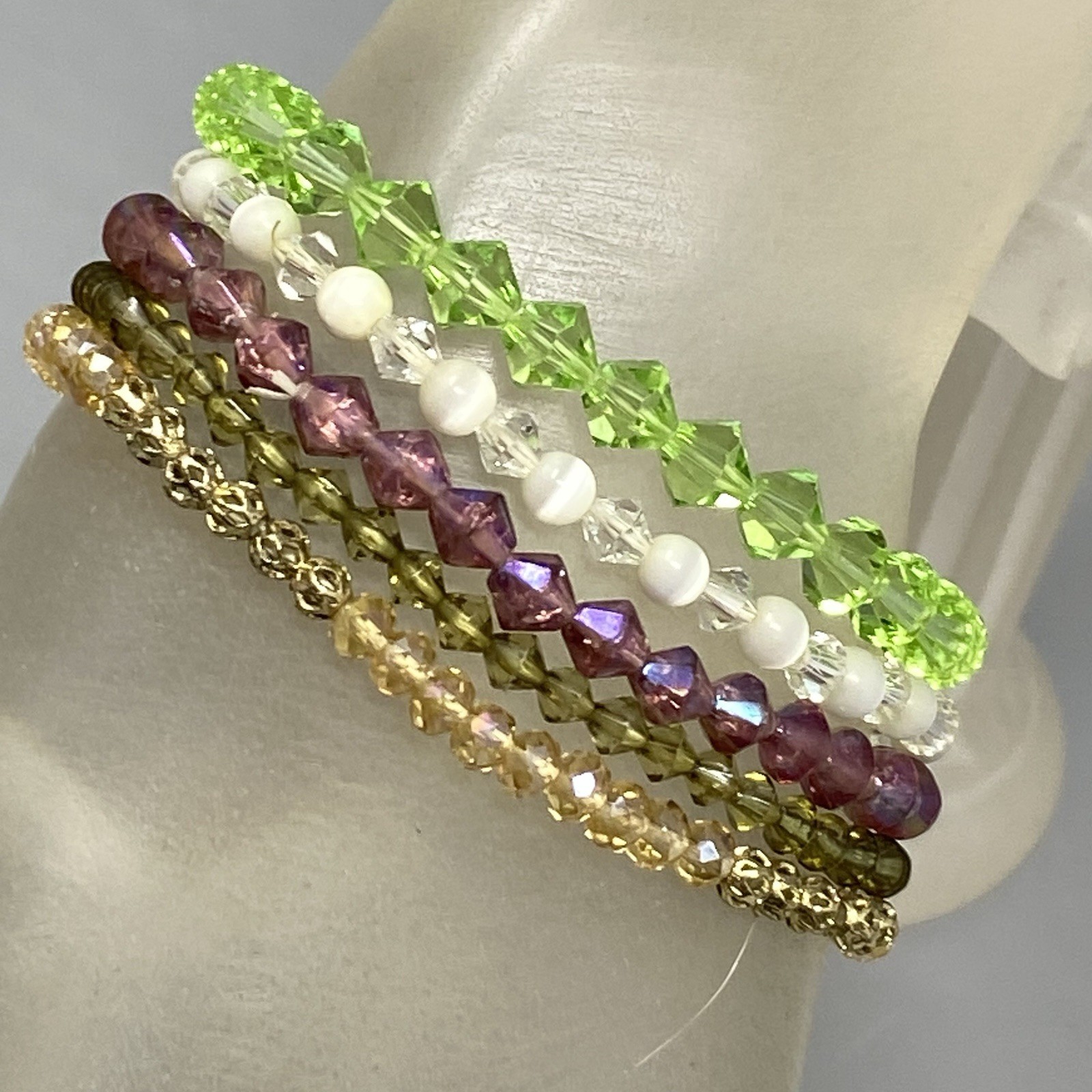 Glass Beaded Bracelet Lot (5) Purple Green White Stretch Mini Faceted Coated 6″