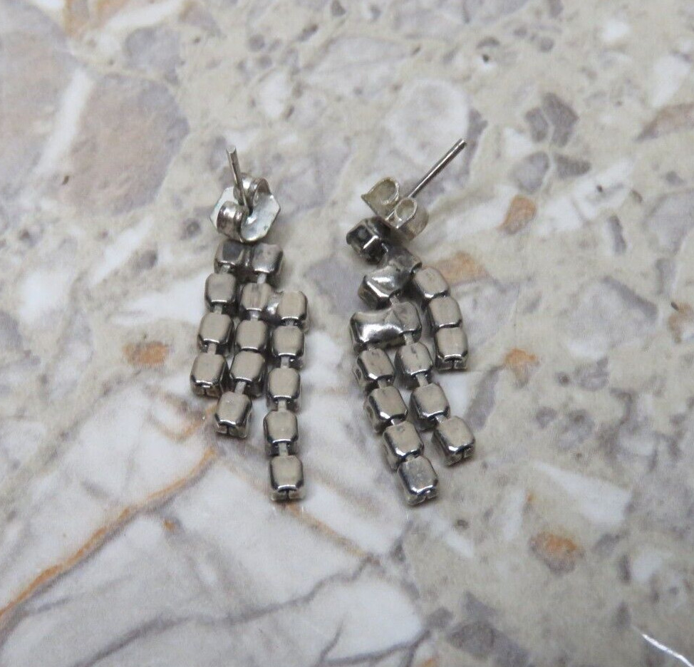 VTG Silver Rhinestone Triple Row Dangle Drop Tassel Post Pierced Earrings 1″