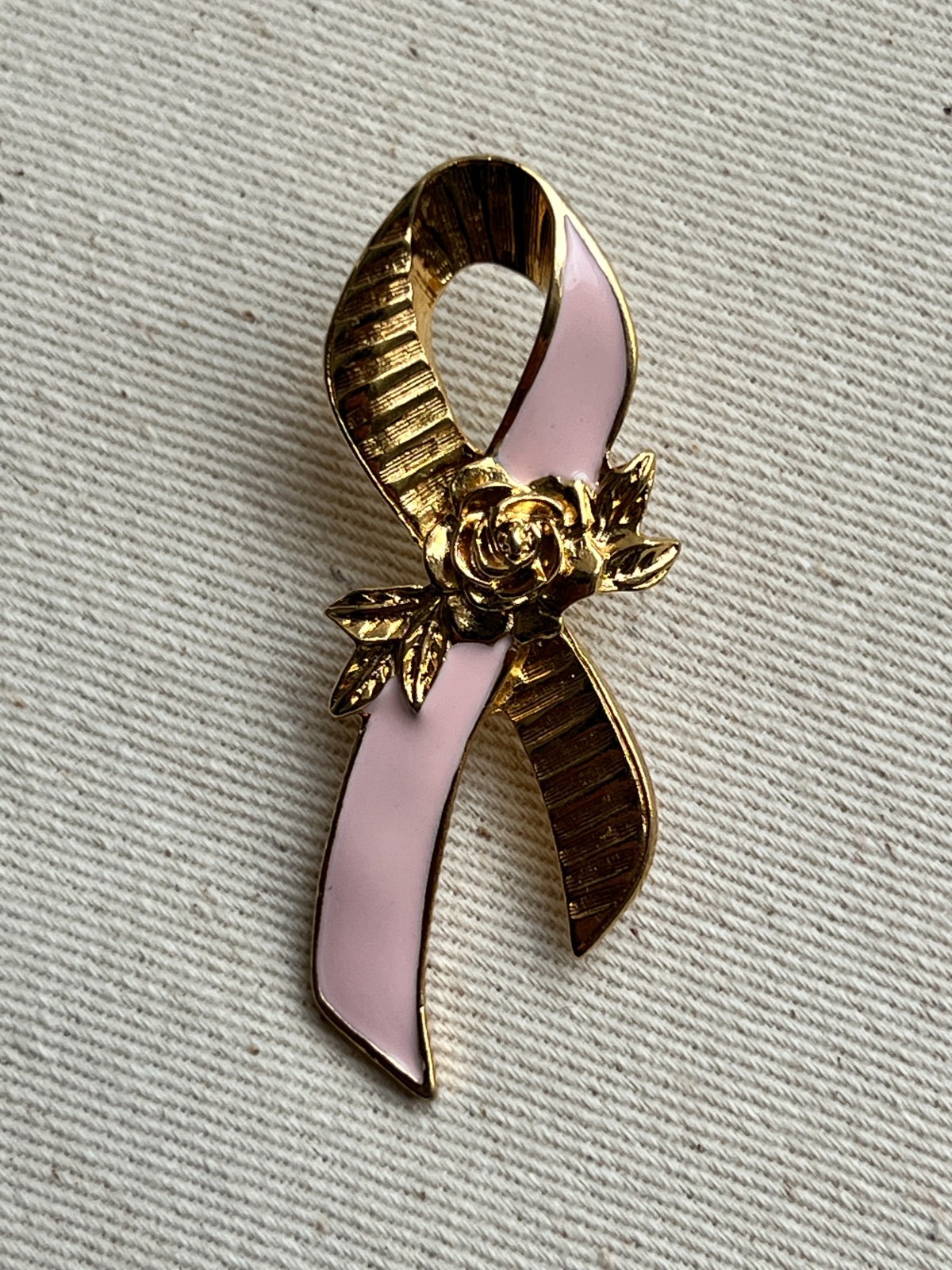Avon Gold Tone Pink Enamel Breast Cancer Awareness Ribbon Lapel Pin Rose Vintage