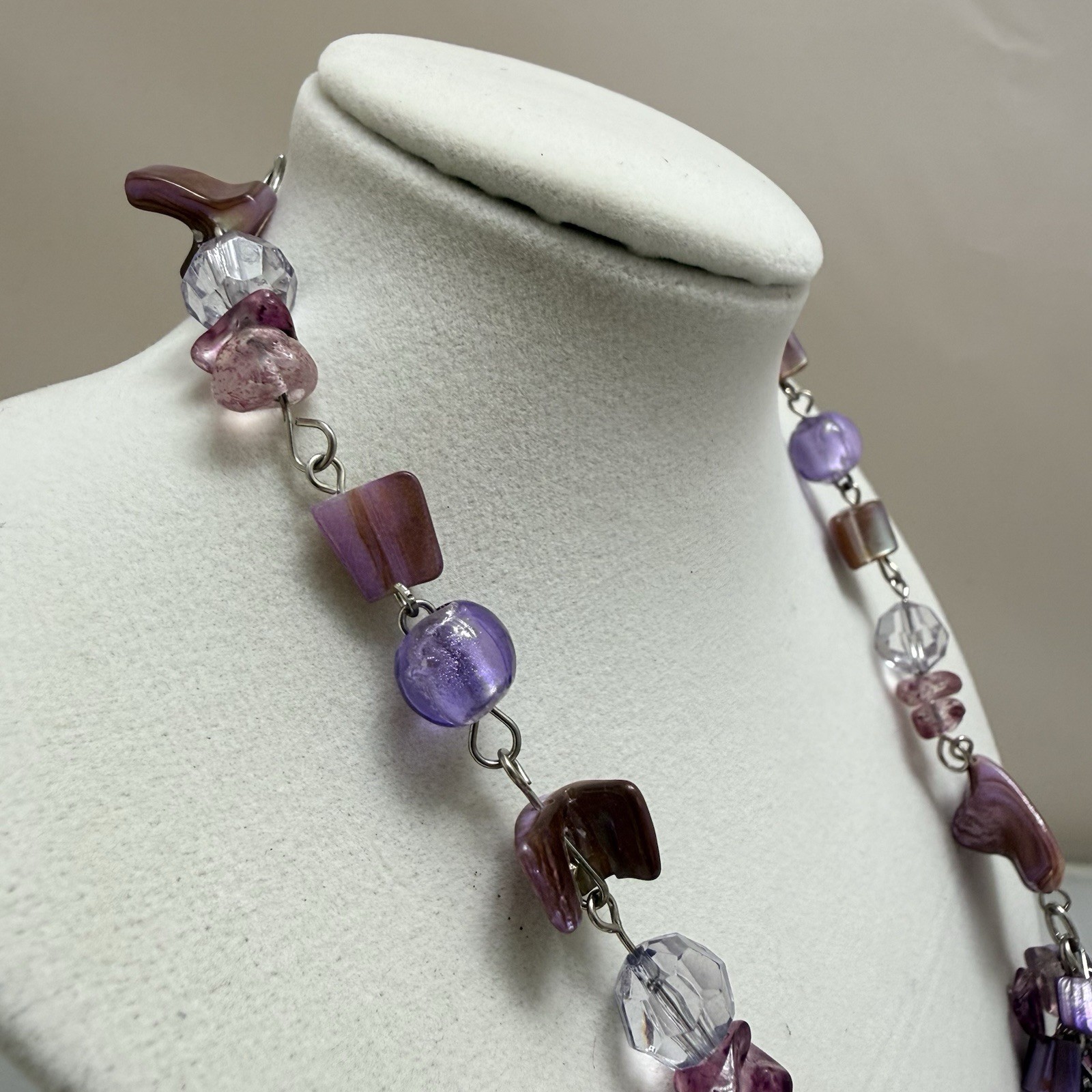 Vintage Purple Statement Necklace Chunky Bib Fringe Shell Glass Beaded Boho NEW