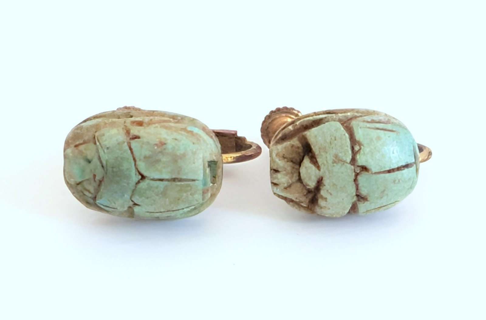 Wonderful Vintage Signed Miriam Haskell Egyptian Scarab Beetle Screw Earrings
