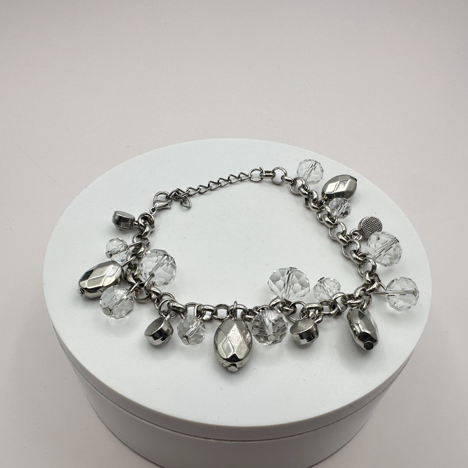 Vintage Y2K Silver Tone Faceted Beaded Charm Bracelet Women’s Classic Jewelry