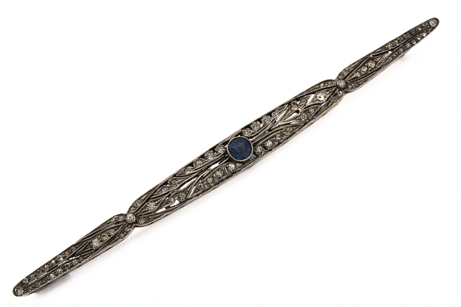 Antique French Edwardian Coin Slver Paste Glass Blue 5″ Trombone Bar Pin