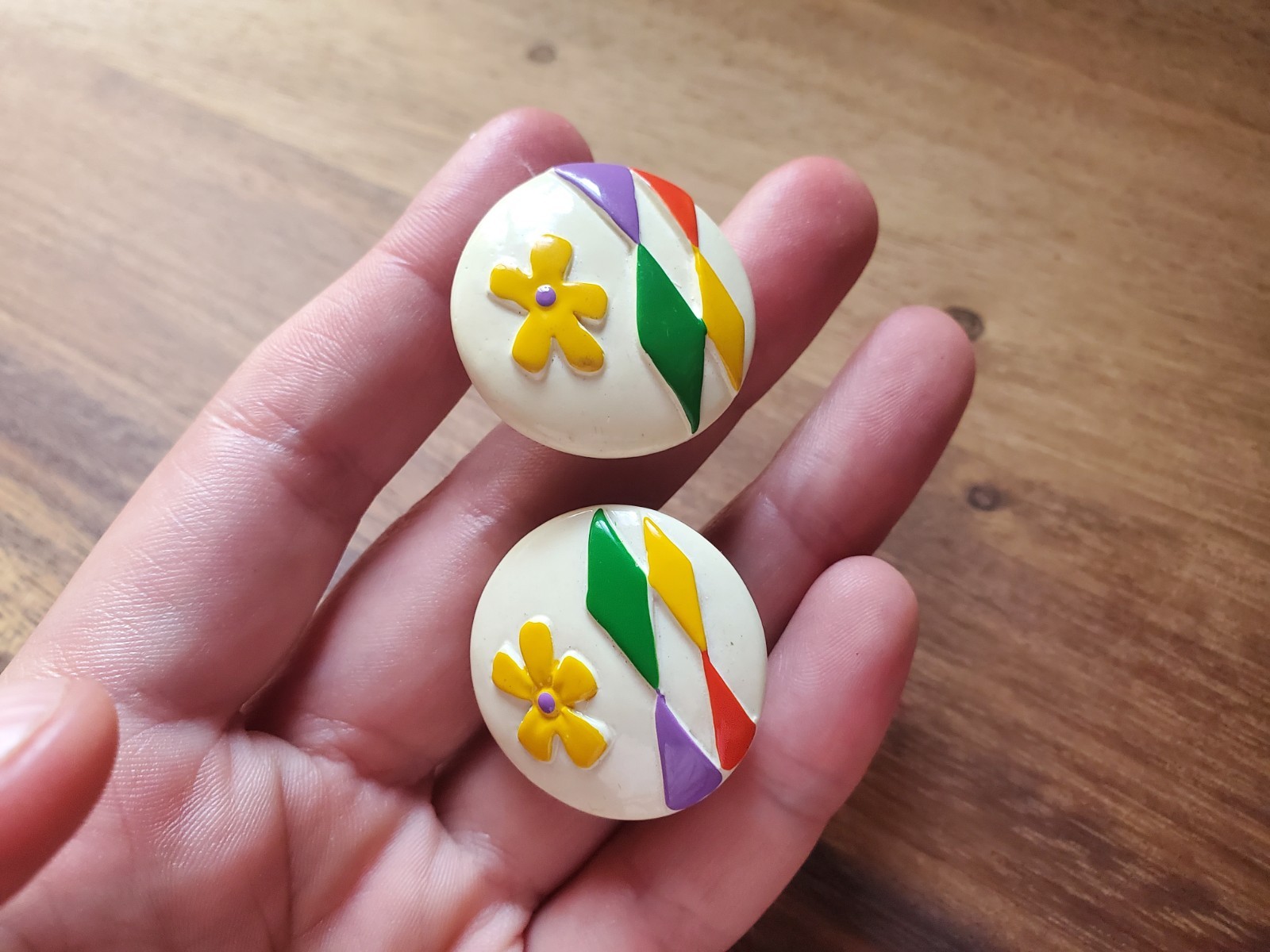 Vintage 80s Colorful Clip on Button Earrings Cream, Red, Green, Yellow, Purple