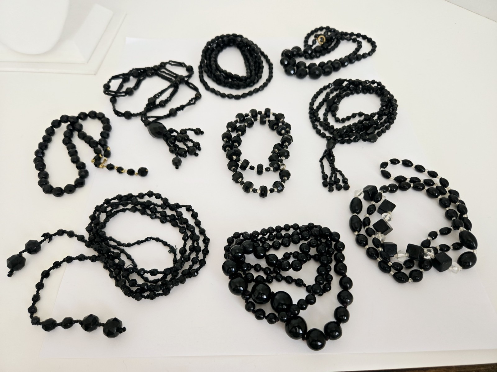 Lot of 9 Vintage Black Glass Faceted Beads Necklaces Different Styles & Sizes