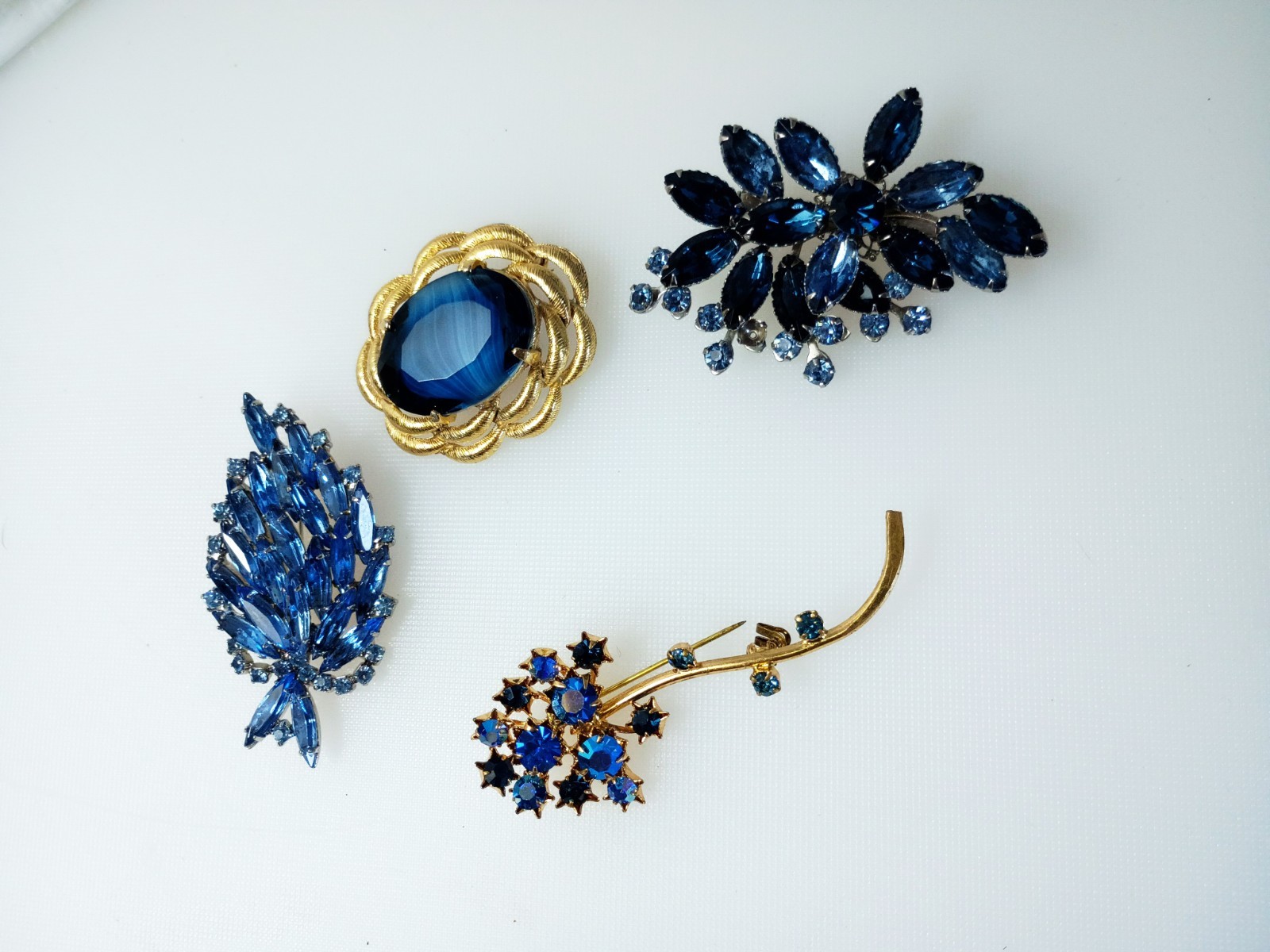 Rhinestone Costume Vintage Jewelry Lot, 4 Piece, Blue, Silver Tones, Gold Tones